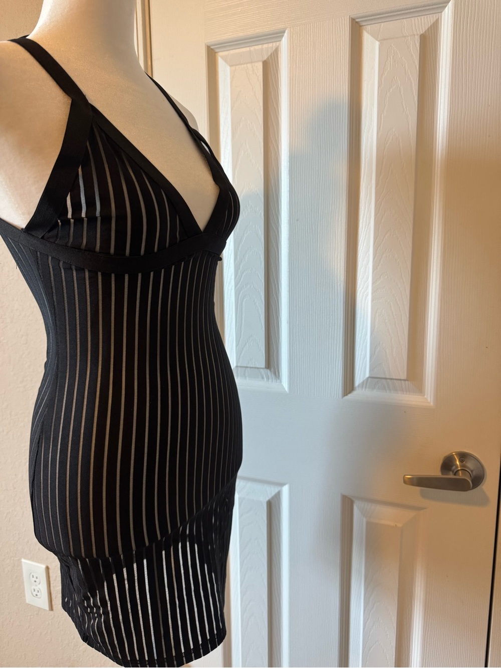 Black Mesh Striped Bandage Dress Size M Crisscross Strap Bodycon Party Dress - Picture 6 of 8